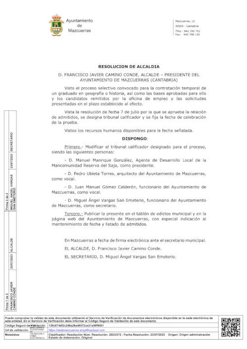 MODIFICACION TRIBUNAL PROCESO SELECTIVO CONTRATACION LICENCIADO EN GEOGRAFIA